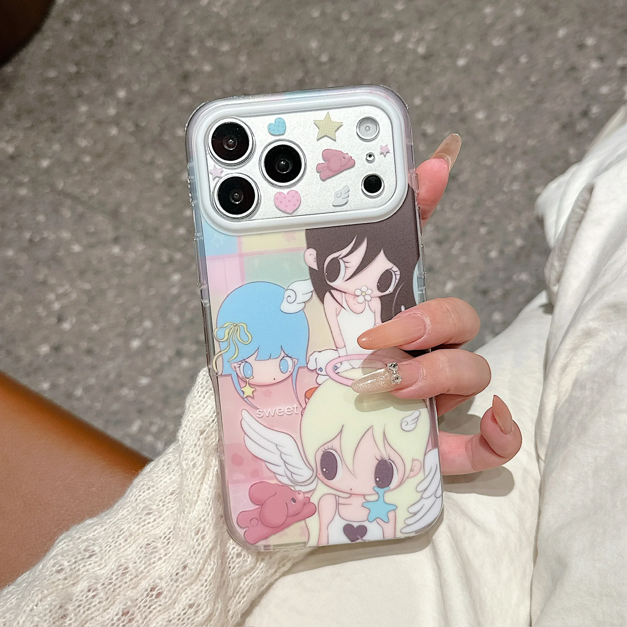 Y2K Sweet Big Eye Angel Girl Phone Case with Bear Star Print - Trendy Aesthetic Shockproof Cover