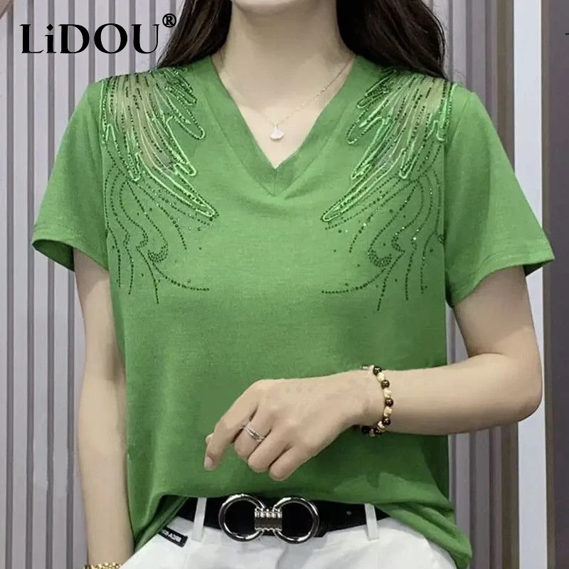 

Summer V-neck Hollow Out Diamons Tee Female Streetwear Casual Fashion All-match Pullover Top Women Harajuku Y2K Oversized T-shir