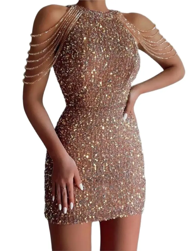 

Elegant Chain Sequin Slim Dress for Women, Hollow Out, Off Shoulder, Skinny Club Dresses, Sleeveless Party Dress, Summer Fashion