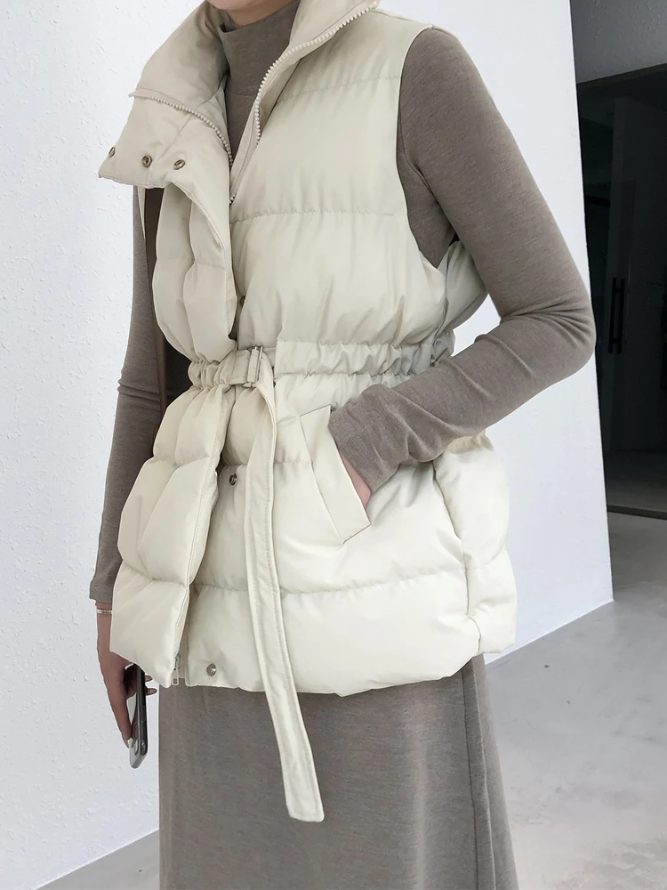 

New Fashion Waistcoat Autumn Stand Collar Elegant Sleeveless Jacket Warm Outerwear Casual Belt Coats Winter Women Vests Jackets