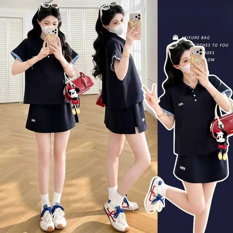 임산부를 위한 세련된 여름 의상 세트 반팔 상의와 하프 스커트 투피스 세트 트렌디한 출산복