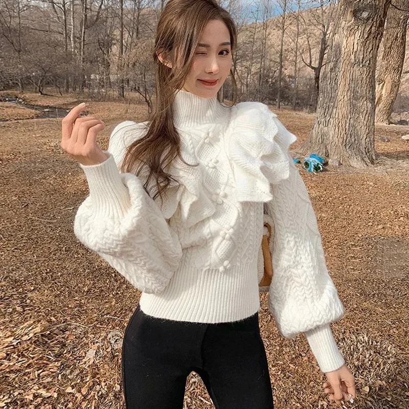 

Sweet Sueter Mujer Knitwear Pullovers Women Turtleneck Long Sleeve Thicked Jumper Fall Winter Clothes Ruffles Knit Sweater Tops