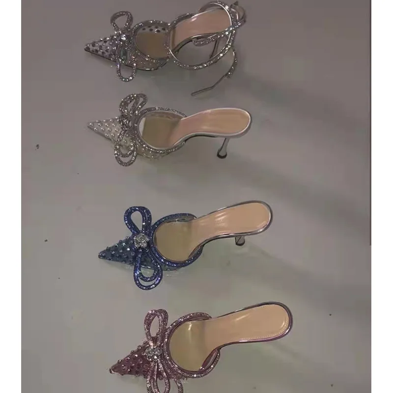 Foreign Trade Bow Knot Rhinestone High Heels, Shallow Mesh, Large Size, Thin Heel, Pointed Back, Empty Slippers for Women