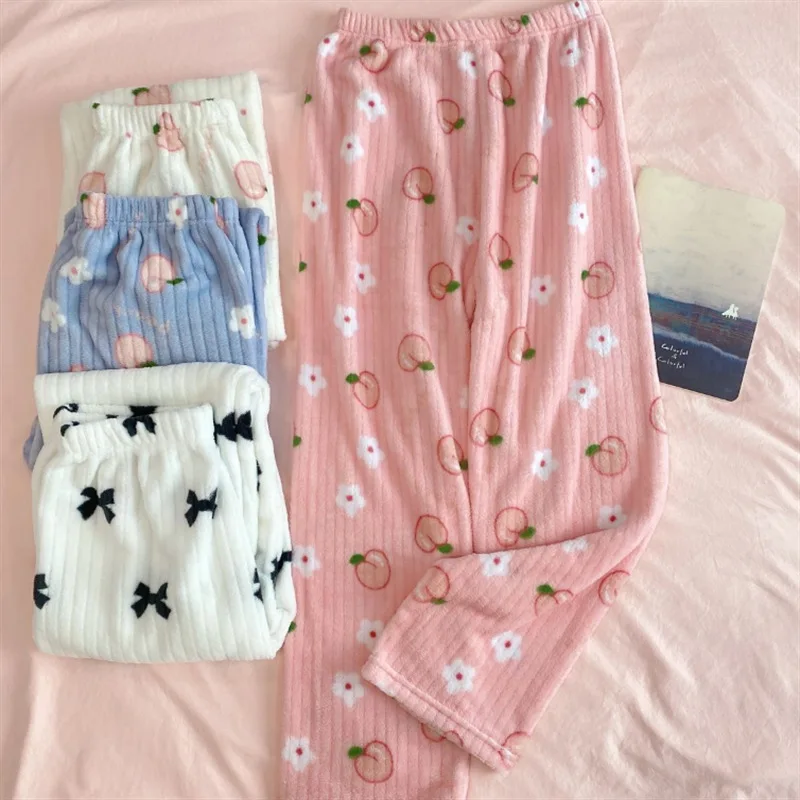 Autumn and Winter Women's New Pajama Pants Girls Student Sleeping Pants Warm Pants Coral Fleece Pants Thickened Warm Casual Home