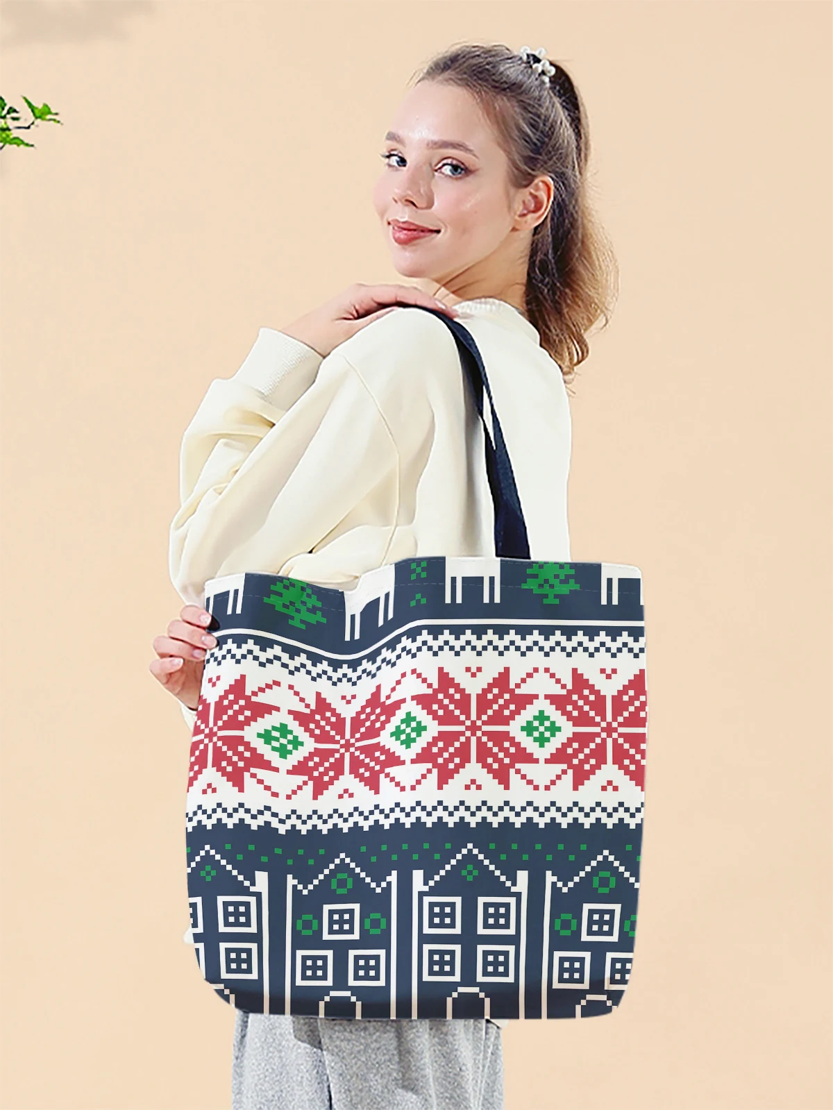 Christmas themed printed casual handbag, reusable fashionable backpack, multifunctional handbag, canvas shopping bag