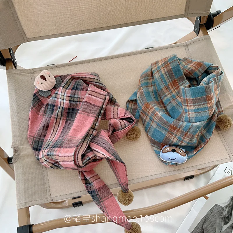 Cute Bear Checkered children's Triangle Scarf Autumn Winter all-match Boys And Girls Headscarf Cotton Scarf Children 24W014 winter accessories