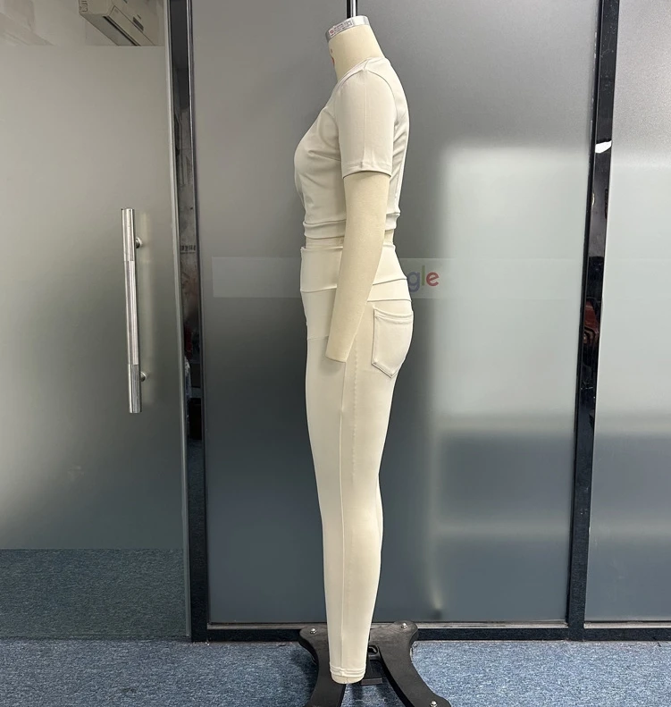 2024 Women's Pants Set Spring/summer Casual Solid Color Round Neck Top High Waist Tight Pants Daily Versatile Two Piece Set