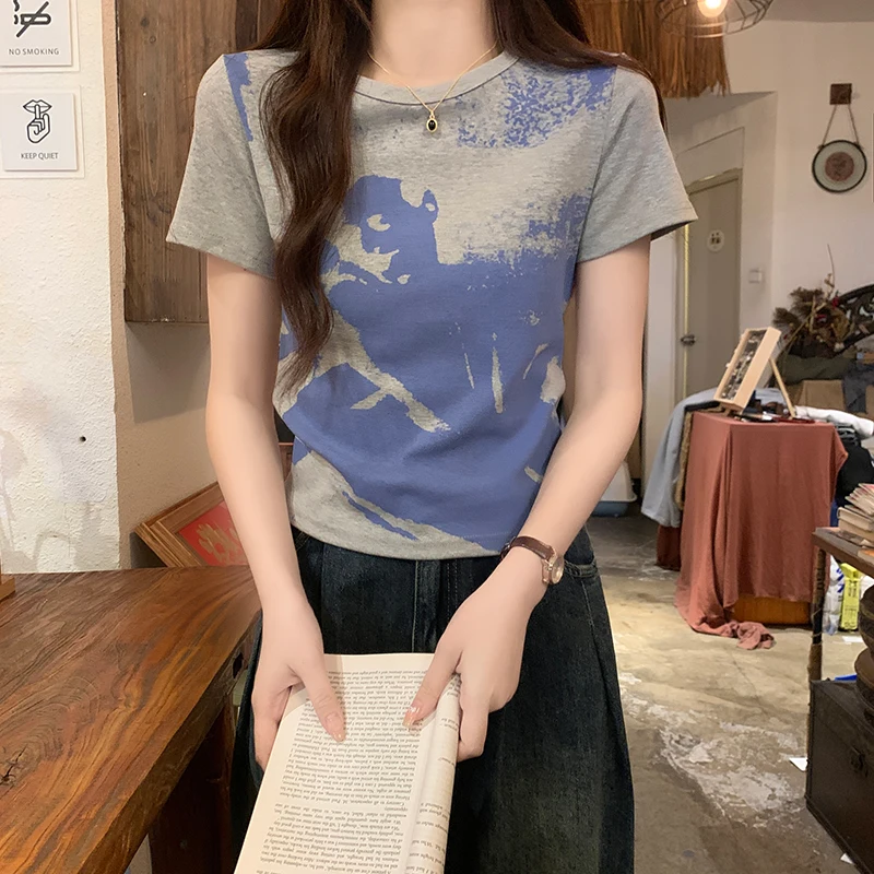 

Gray Shoulder Short Sleeve T-shirt Women's Summer Design Sense Niche Slim Tie-dye Retro Crew Neck Top