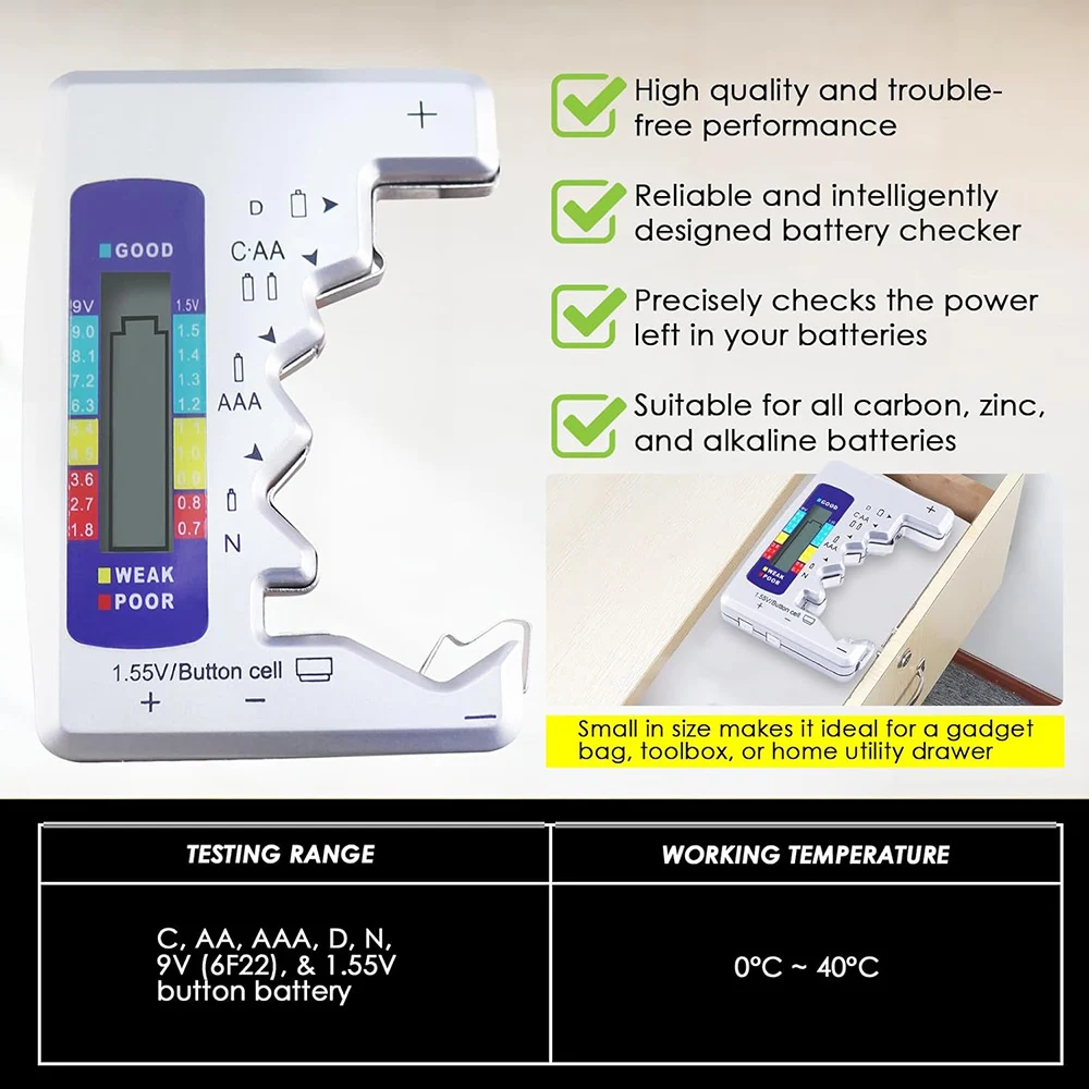 범용 배터리 용량 테스터 C AAA AA AA D N 9V 1.55V 단추 셀 리튬 배터리 테스터, LCD 디스플레이 배터리 볼트 검출기