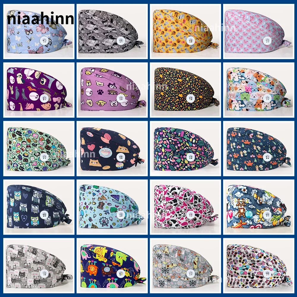 

Printed Unisex Scrub Hats Lab Dustproof Work Hat Gorro Enfermera Quirofano Scrub Caps 100%cotton Surgical Hats Nurse Accessories