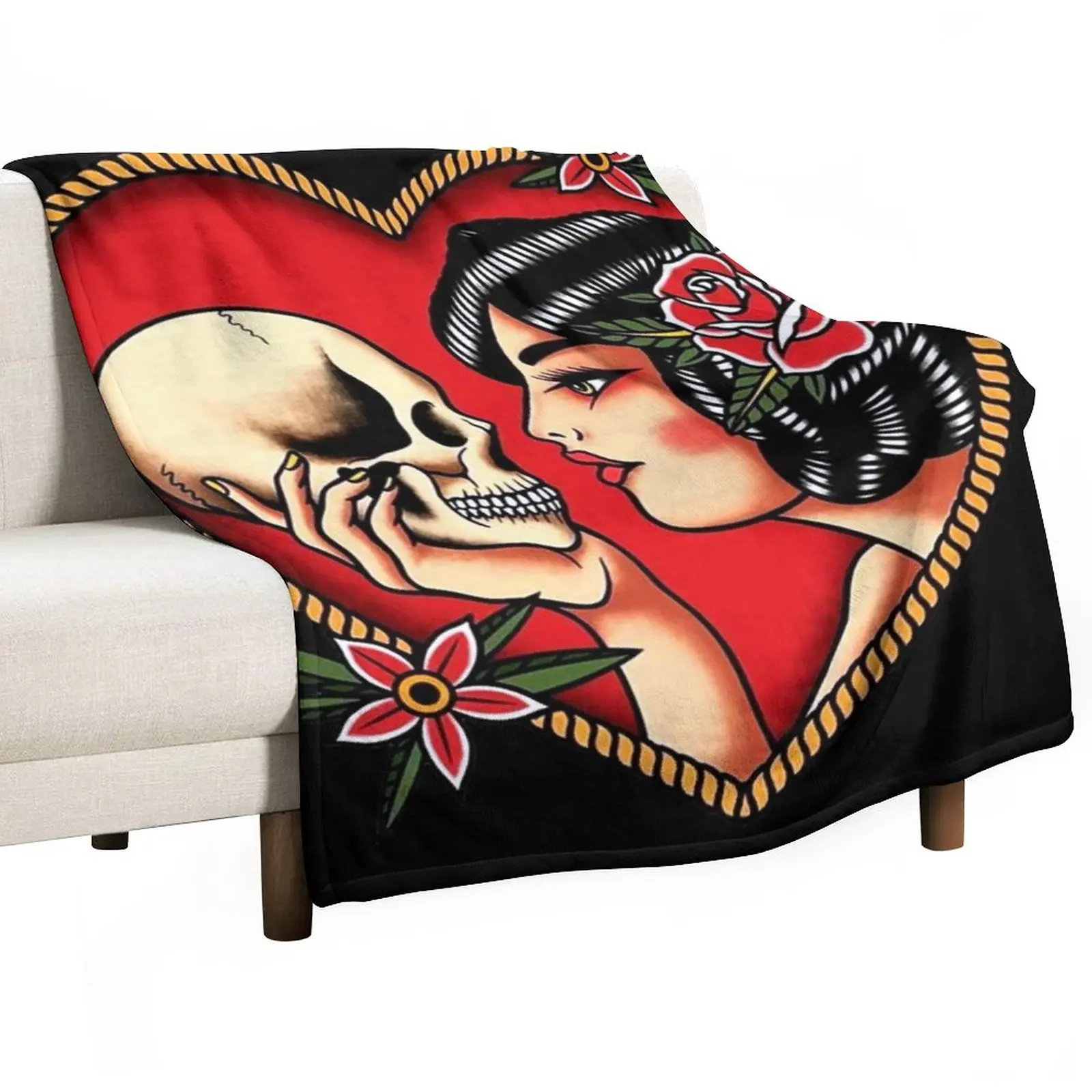 

Traditional Beautiful Flapper in Heart Holding Skull Tattoo Throw Blanket Picnic Blanket Sofa Quilt Extra Large Throw Blanket