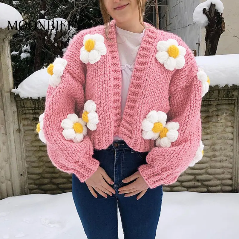 Floral Pink Crop Cardigan Women Knitted Sweater Loose Long Sleeve Autumn  Knit Jacket Vintage V Neck Fashion Tops Casual Sweaters