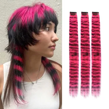 Stripe Printed Hair Colorful Long Straight Hair Pieces Synthetic Clip-in Hair Extensions for Daily Use Party Halloween