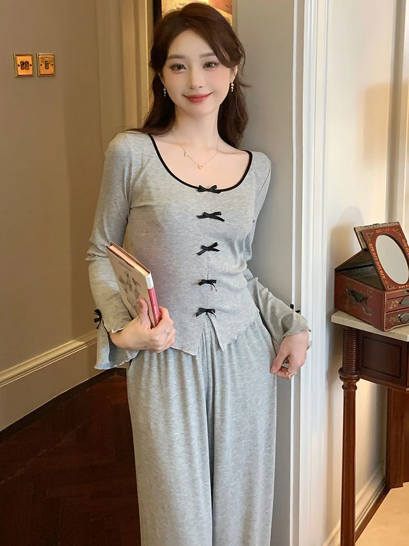 

Women Autumn Victorian Ruffles Pajamas Two Piece Sets Korean Sweet Girls Vintage Princess Long Sleeve Sleepwear Loungewear