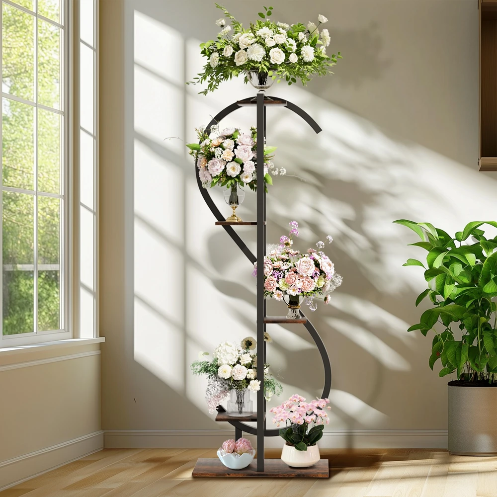 Multi Tiers Metal Tall Plant Rack S-Shaped Corner Flower Pot Display Stand for Indoor Outdoor