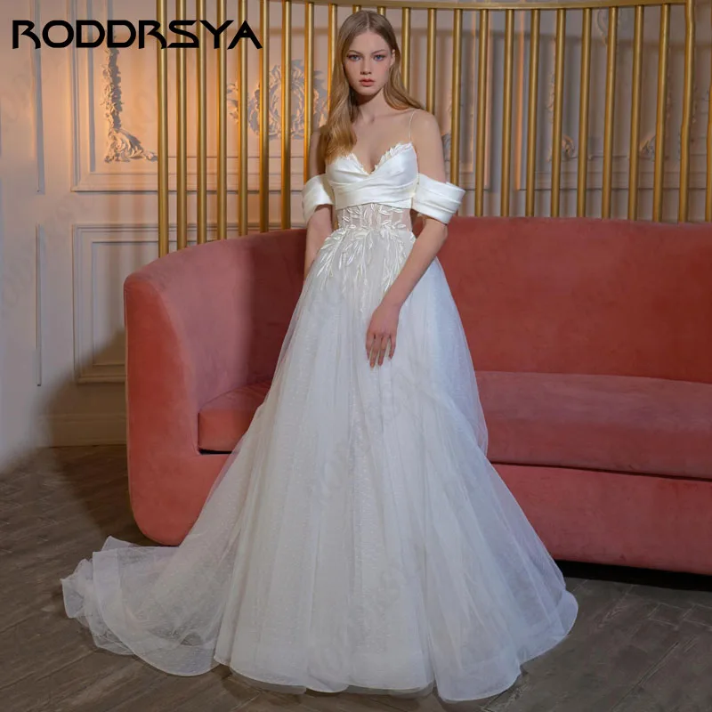 

RODDRSYA Shining Tulle Wedding Dresses Off Shoulder Sleeves A-line hochzeitskleid V-Neck Lace Spaghetti Straps Custom Made
