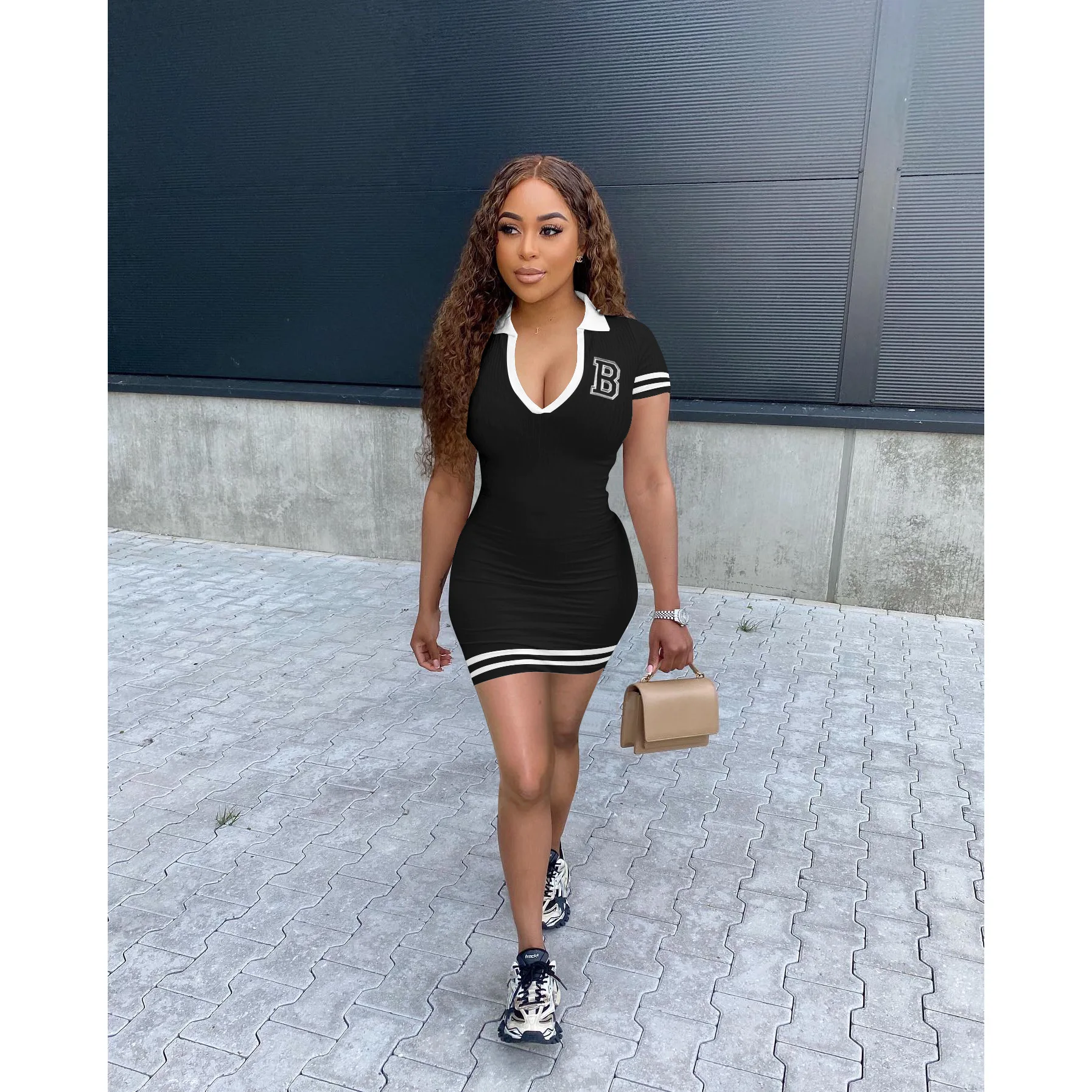 Summer Fashion Sexy New V-Neck Embroidered Short Sleeve Jumpsuit Mid-Skirt Mini Side Striped Sport Baseball Dress