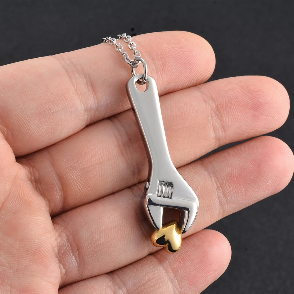 Tool Wrench Cremation Jewelry Spanner Urn Necklace with Heart for Ashes Holder Stainless Steel Locket Memorial Keepsake Jewelry