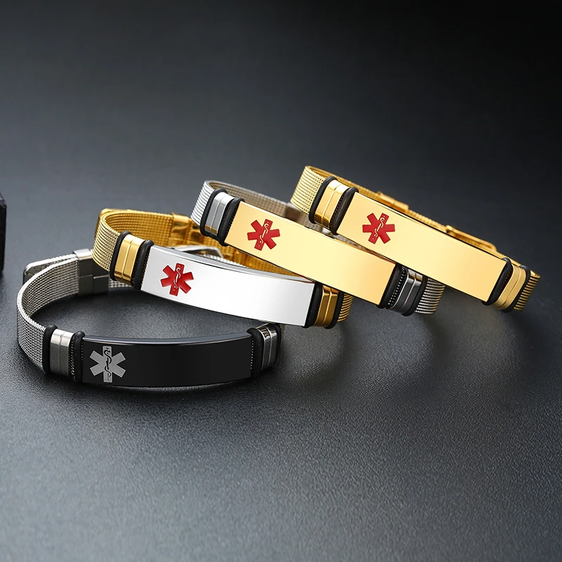 Medical Alert Bracelet Free Engraving Stainless Steel Adjustable For Men Women Diabetes ICE Wristband