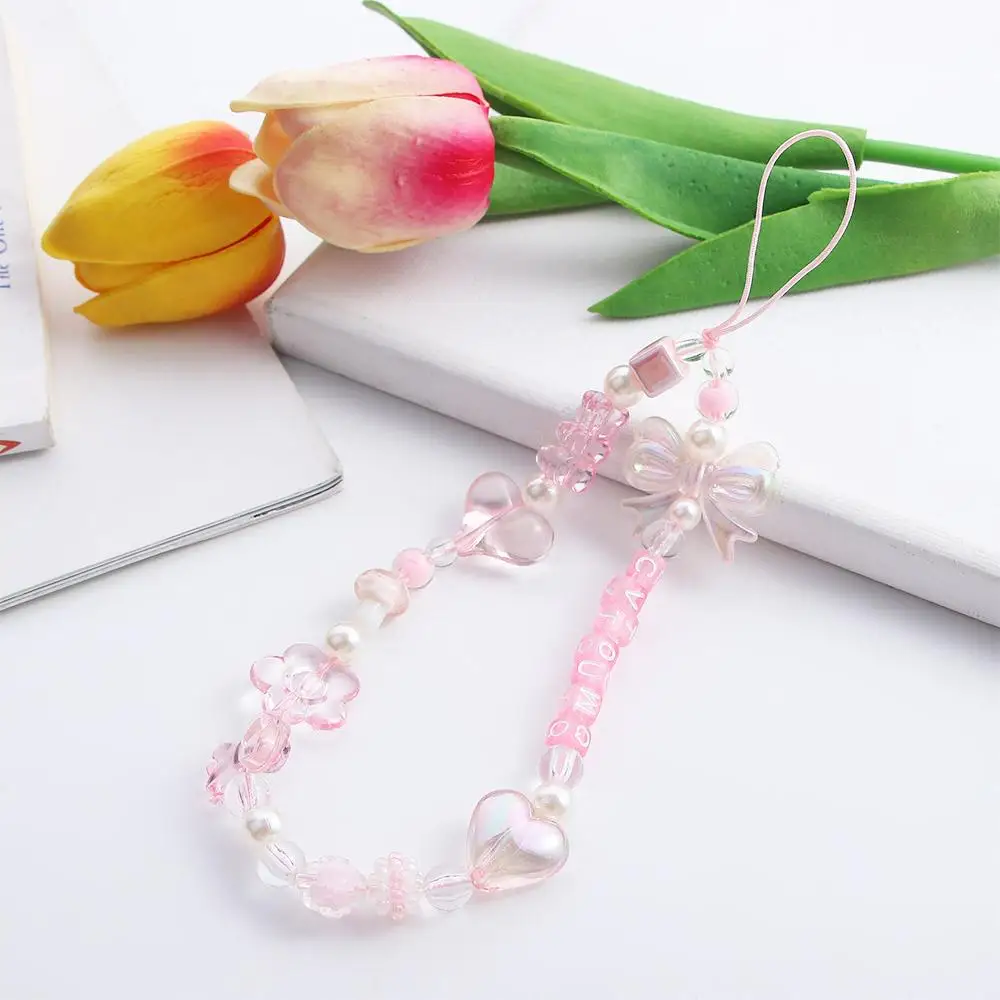 Pink Beaded Acrylic Phone Charm Wrist Strap Lanyard