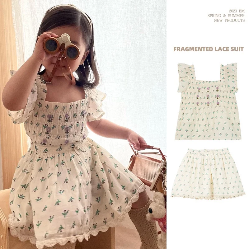 

Jenny&Dave Children's Set 2023 Summer Pastoral Style Girls' Small Fresh Embroidery Flower Top with Hanging Strap Half Skirt Two