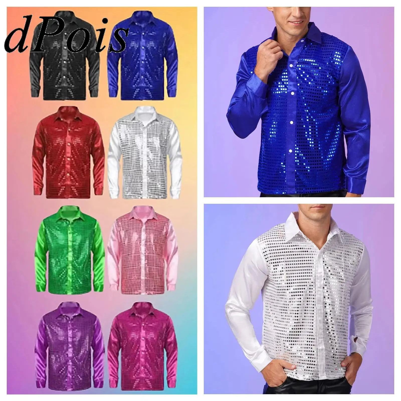 Mens Turn-Down Collar Shirt Latin Jazz Sparkly Sequin Dance Stage Performance Cosplay Costume Tops Dancewear Hiphop Clothes