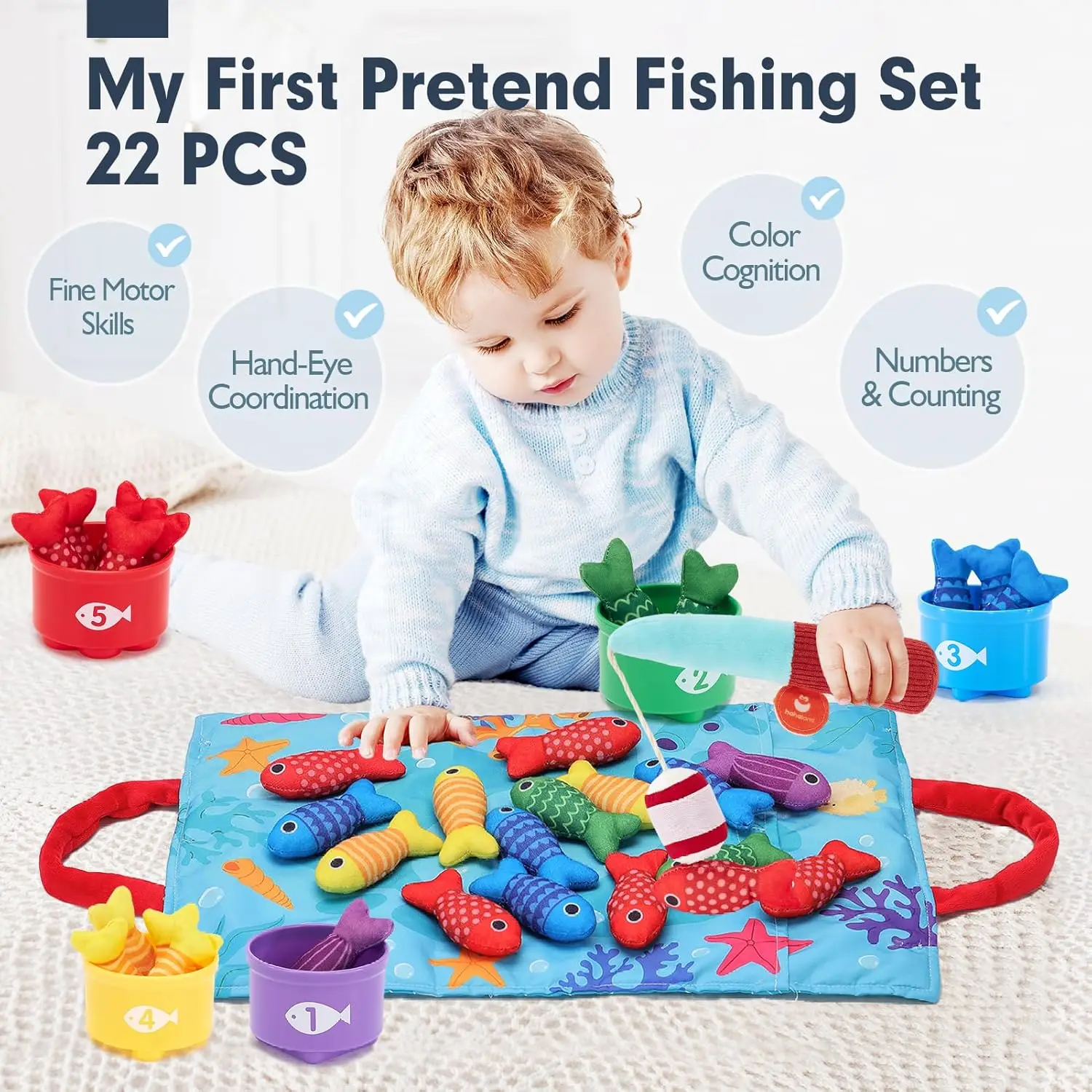 Set da gioco di pesca in stoffa Giocattoli per bambini Giocattoli Montessori per ragazzo Ragazza Regalo di compleanno Tazze impilabili Numero Forma di colore Giocattolo per l'apprendimento Kid  26