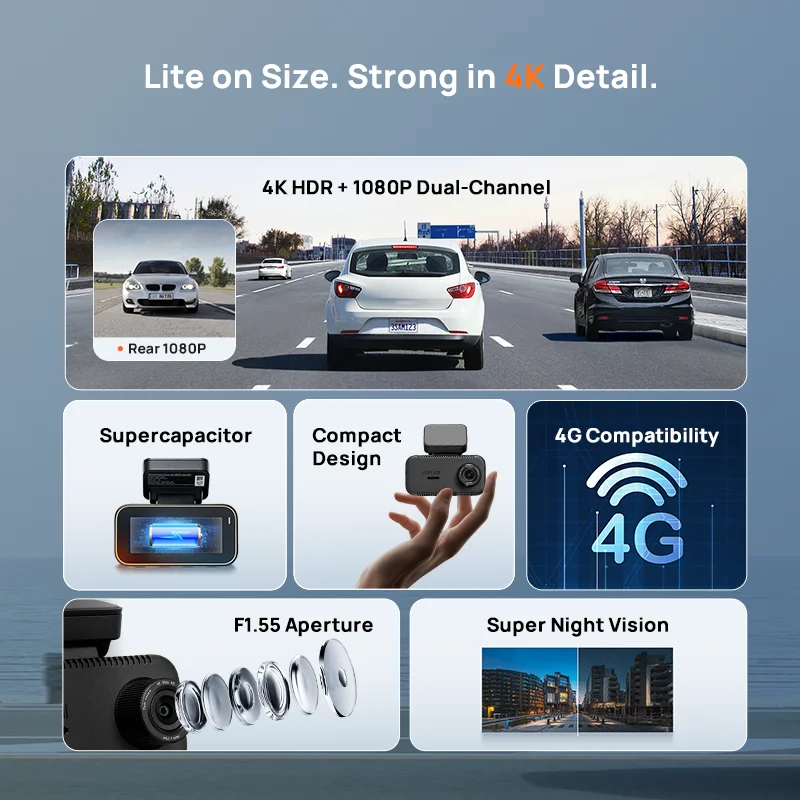 New 70mai Dash Cam 4K A810 Lite HDR Supercapacitor 4G Compatible Voice Control Wi-Fi 6 GPS Car DVR 70mai A810 Lite — view 6