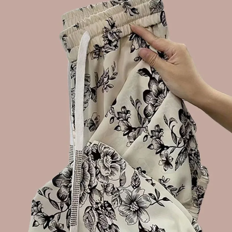 Summer New Ice Silk Korean Women's 2024 Panel Elasticized Drawstring Pocket Printing Fashion Loose Strap Versatile Casual Pants