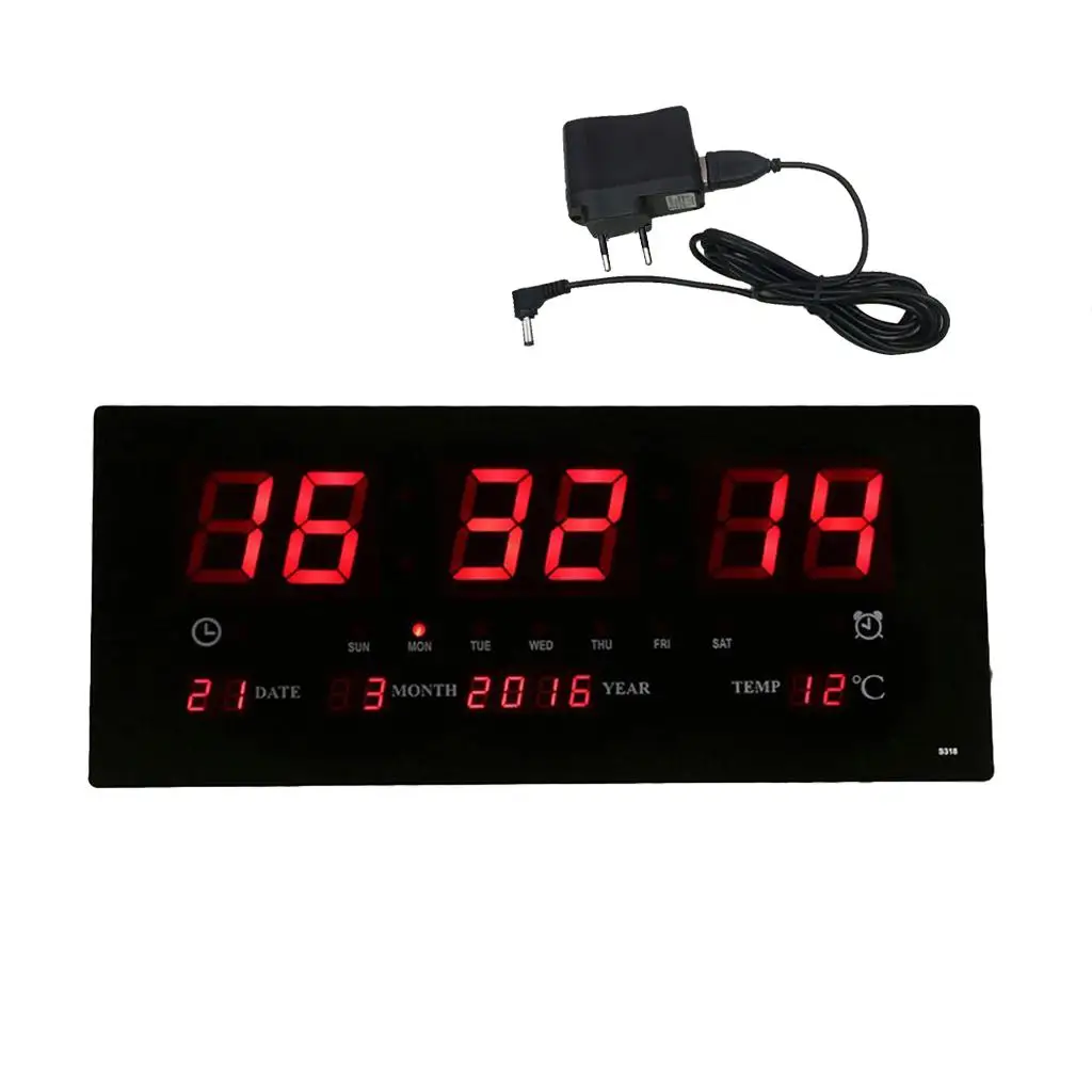 17' Electronic Large LED Wall Clock Alarm Clock Calendar Days Year Month Temperature Meter 24H Time Display EU Plug in