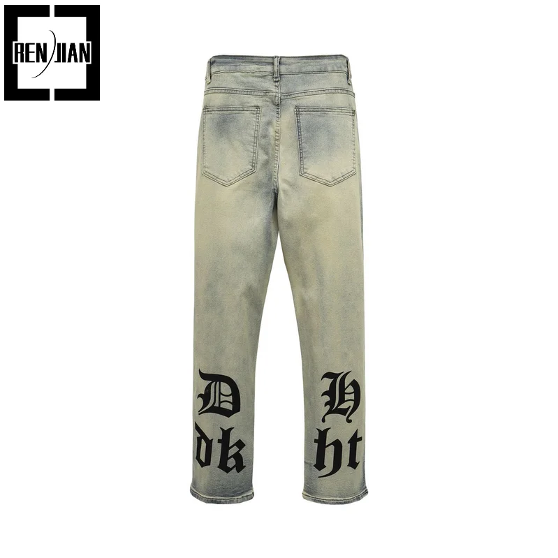

Men's High Street Vintage Jeans Pants Loose Fit Vibe Style Retro Denim Trousers Washed Letter Printed Bottoms