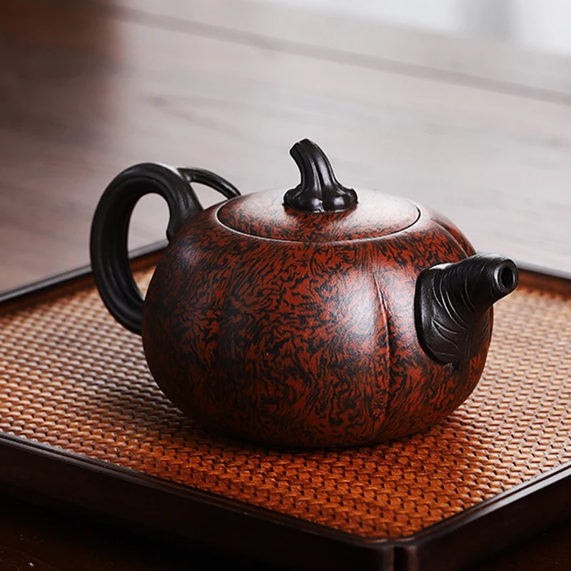 Chinese Style Pumpkin Shaped Teapot, Purple Clay Twisted Mud, Kung Fu Household Supplies, Pure Handmade, 370ML, Tea Pots, 1Pc