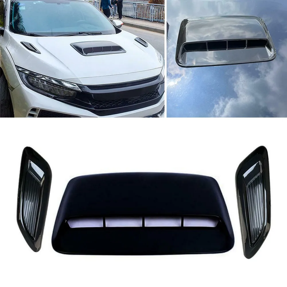 

3x Car Center Side Middle Air Flow Intake Hood Scoop Vent Bonnet Decorative Cover Glossy Black ABS Plastic Cap 40x28cm 33x9.5cm