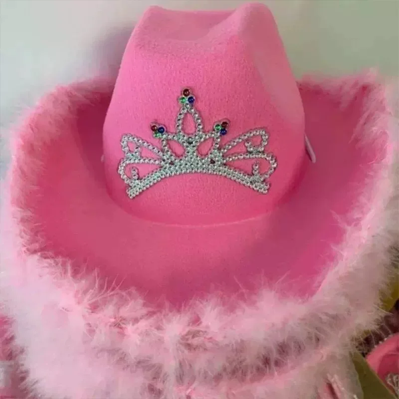 Pink West Cowgirl Hats Summer Women Crown Feather Felt Sequin Caps Outdoor Holiday Wide Brim Hat Fashion Accessory Cosplay Props