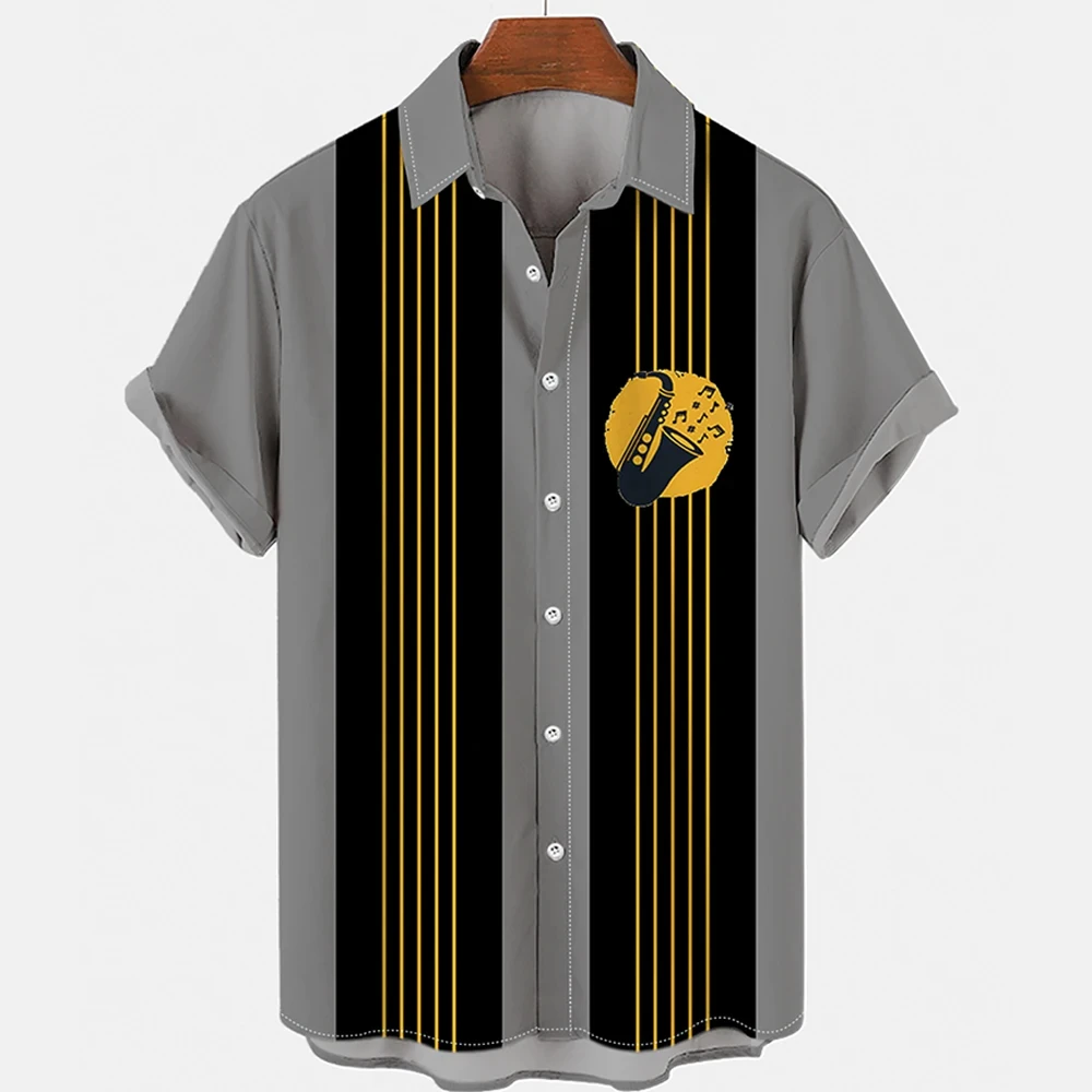 Men's Shirt Button Down Summer New Hawaiian Shirt Saxophone 3D Printed Loose Short Sleeved Classic Beach Aloha Party Shirt Tops 3