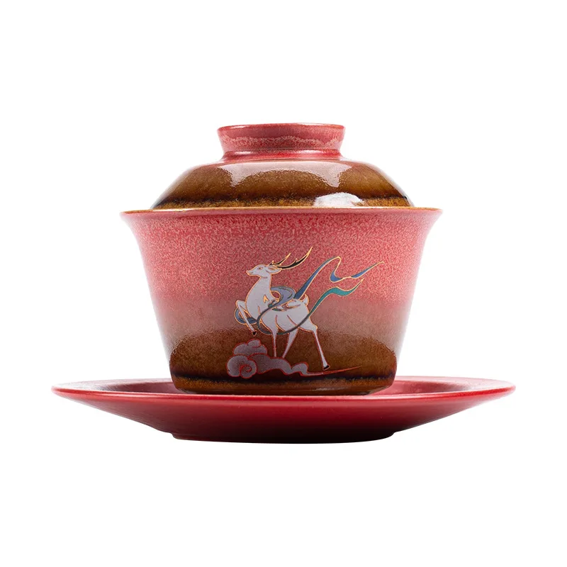 Deer Gaiwan Tea Ceramic Tureen Lid Teaware Chinese Red Tea Bowl Chawan Lily Deng's store
