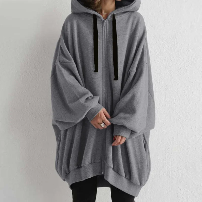 New Fashion Women Casual Solid Color Hoodie Coats Autumn Winter Female Long Lantern Sleeve Zip Up Loose Cardigan Sweatshirts