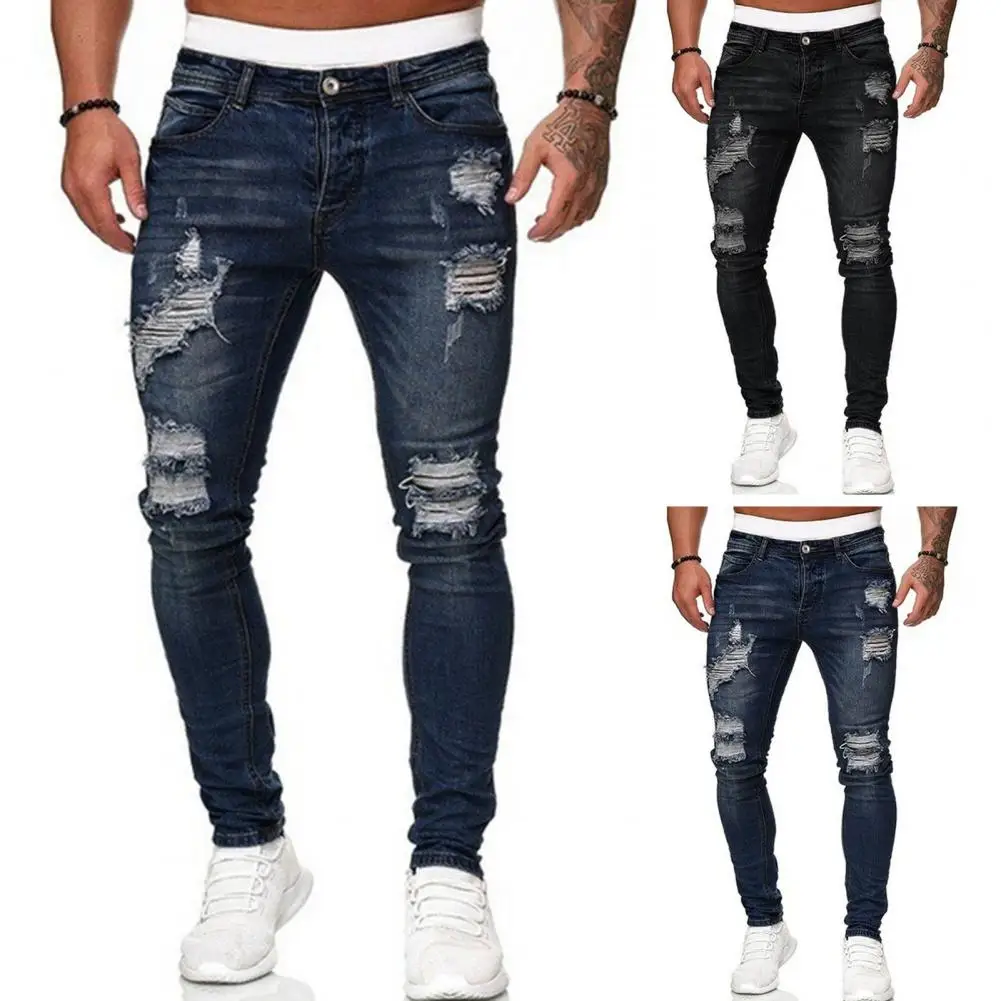 

Men Jeans Ripped Holes Slim Fit Soft Breathable Button Trousers Mid Waist Color Matching Hip Hop Streetwear Men Long Pants