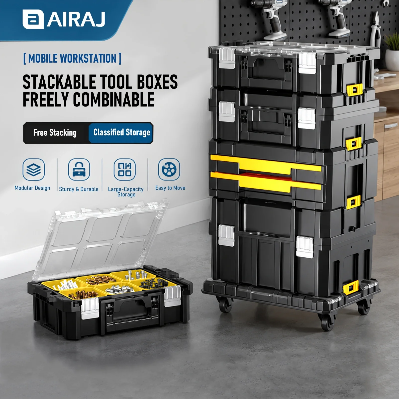 AIRAJ Stacking Hardware Toolbox, Large Widened High Capacity Multifunctional Combination Storage Box with New Repair Handle Design