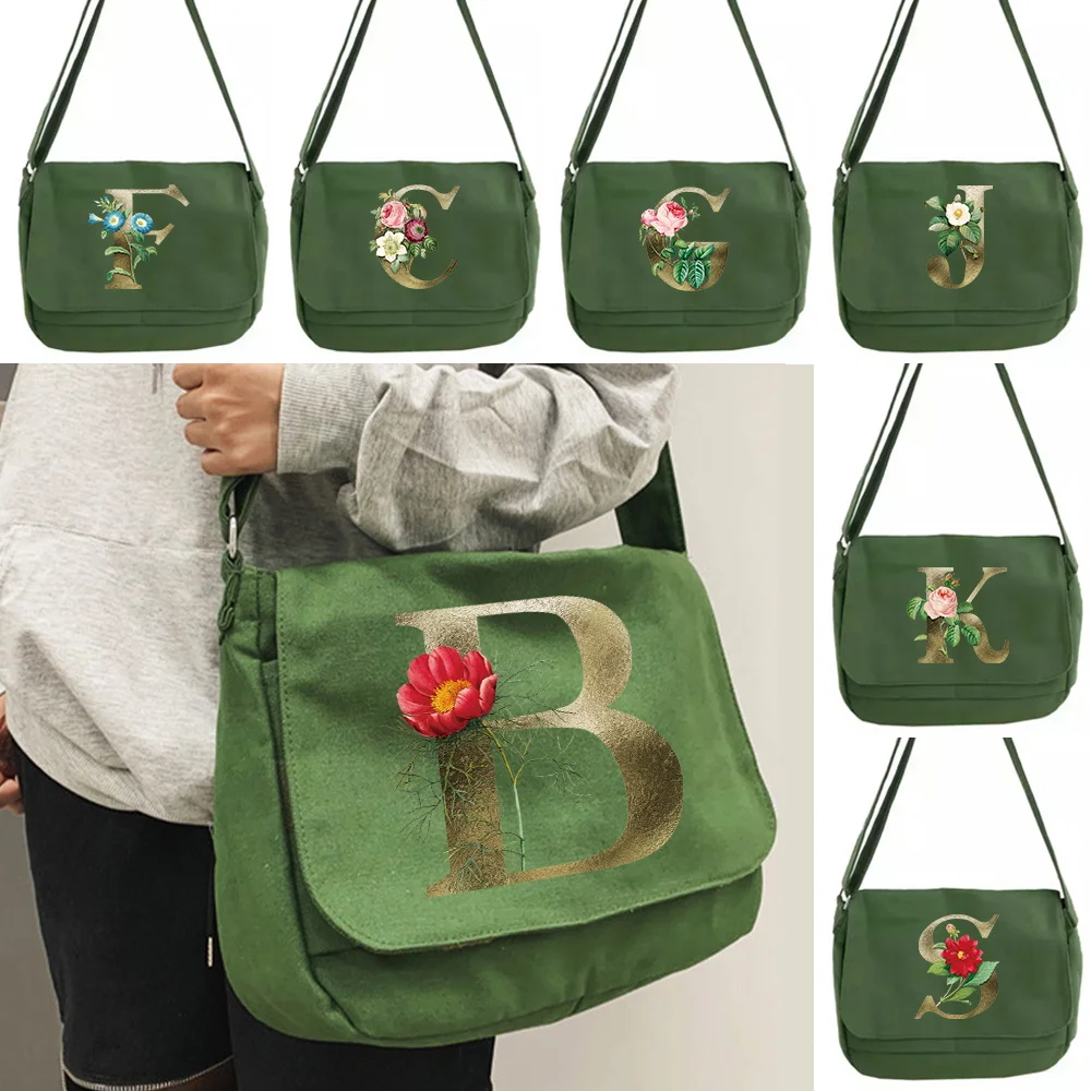 Green Golden Flower Print Cute Bear Canvas Messenger Bag Trend Japanese Literary Shoulder Bag Casual Shopping Tote Girl Handbag