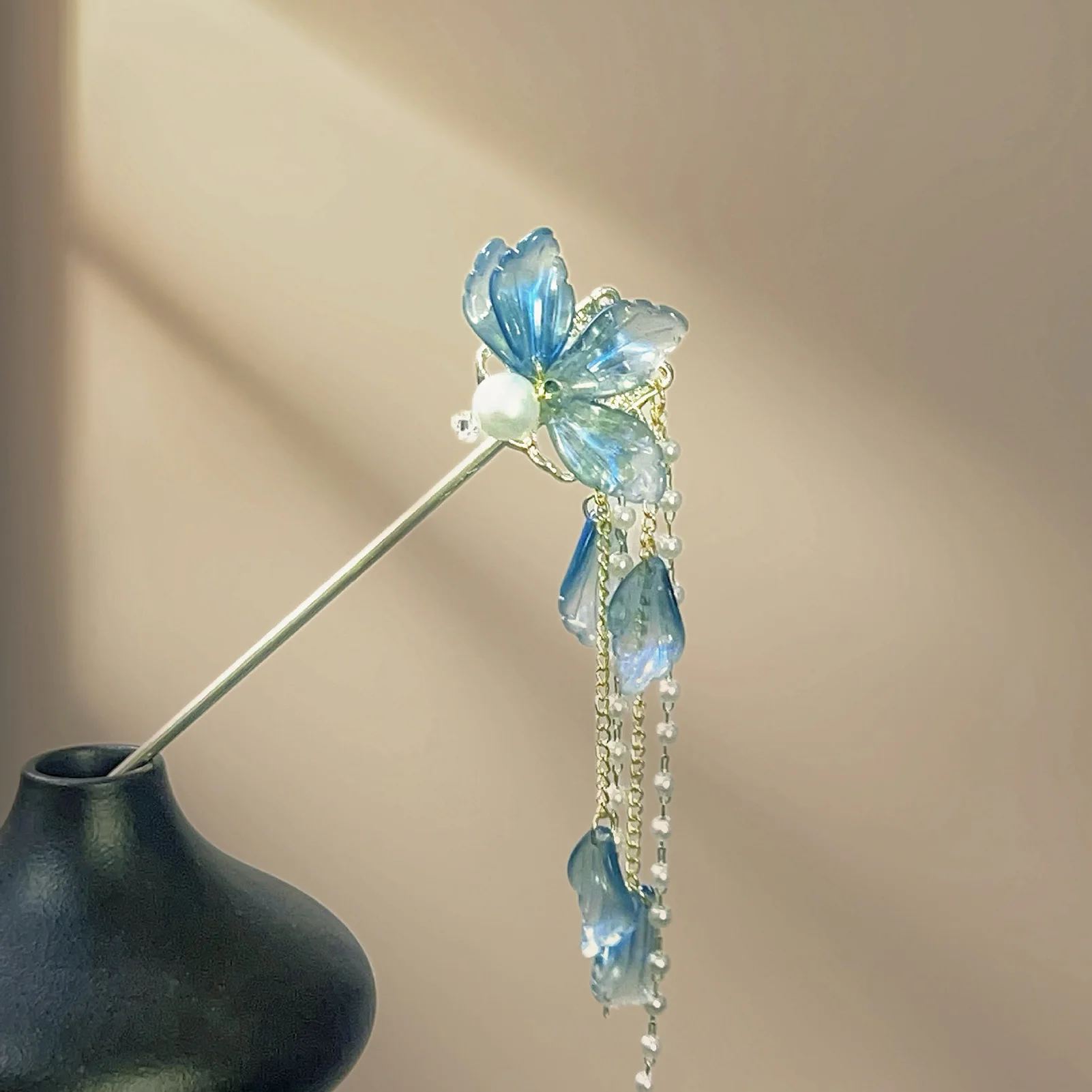 Retro Hanfu Haar Stick Chinesische Blaue Blütenblatt Quaste Haarnadel Chosptick Perle Quaste Cheongsam Haar Brötchen Schmuck Klassische Legierung Tiaras