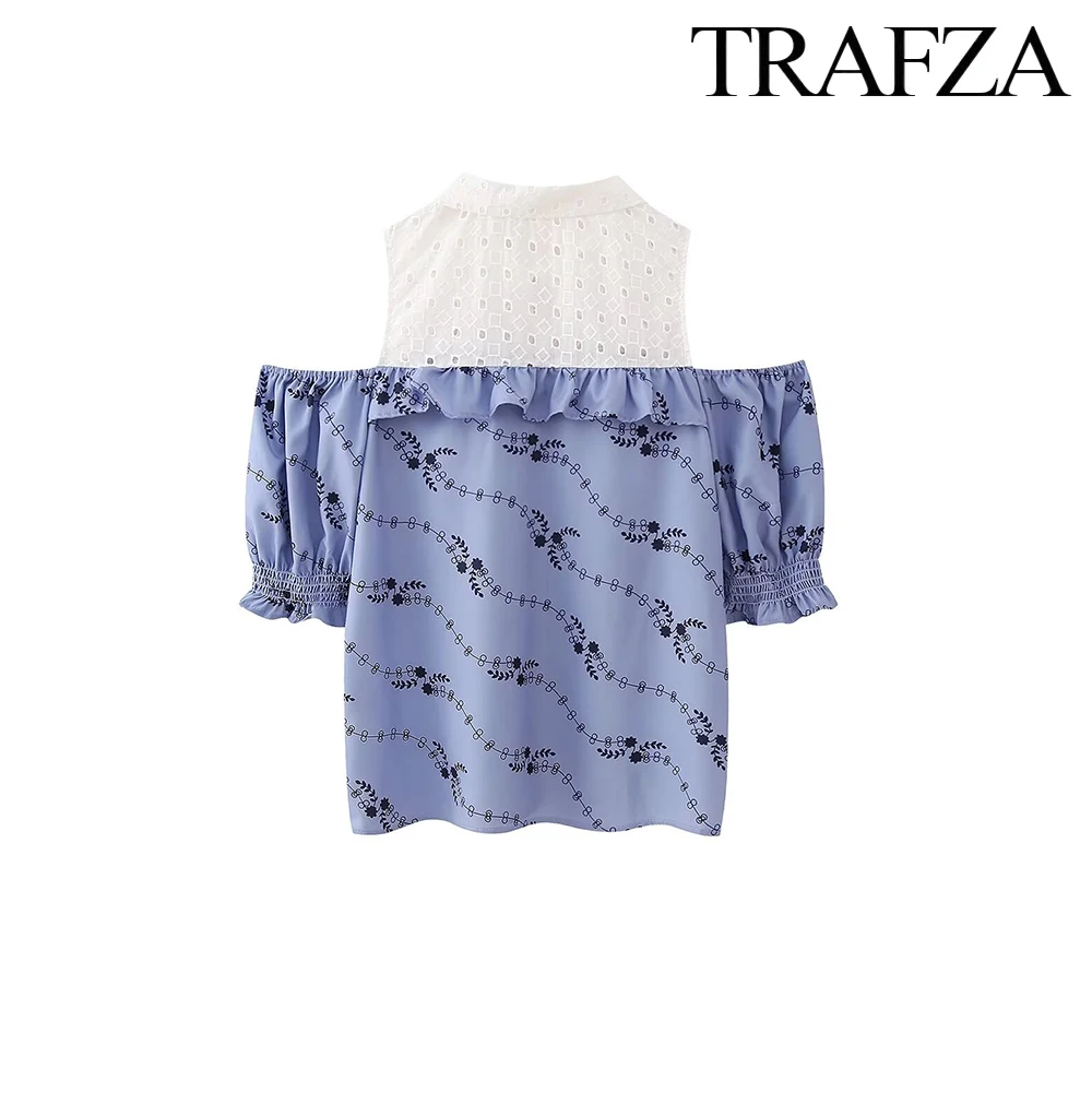 Description Picture 6 of itemTRAF Women's Summer Tie Street Style Fashion Lapel Shirt Sexy Strapless Embroidered Top Lantern Sleeve Single Breasted Top