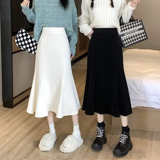 Corduroy Long Mermaid Skirt Women Autumn High Waist Ruffles
