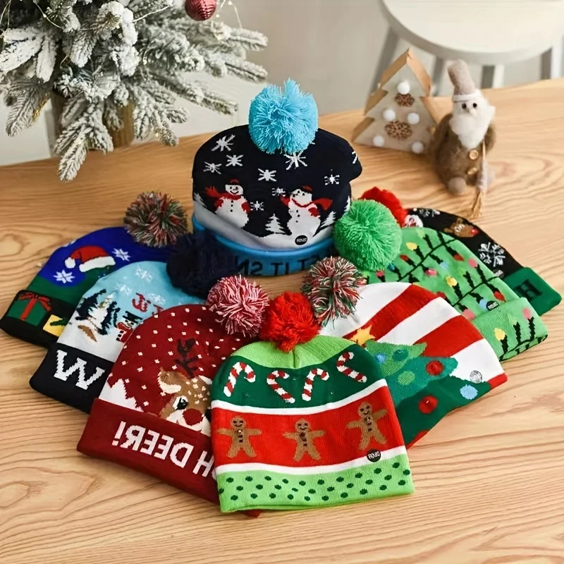 1pcsChristmas Hat Christmas LED Luminous Beanie Hat Knitted Winter Snow Christmas Party Gift for Adults and Children