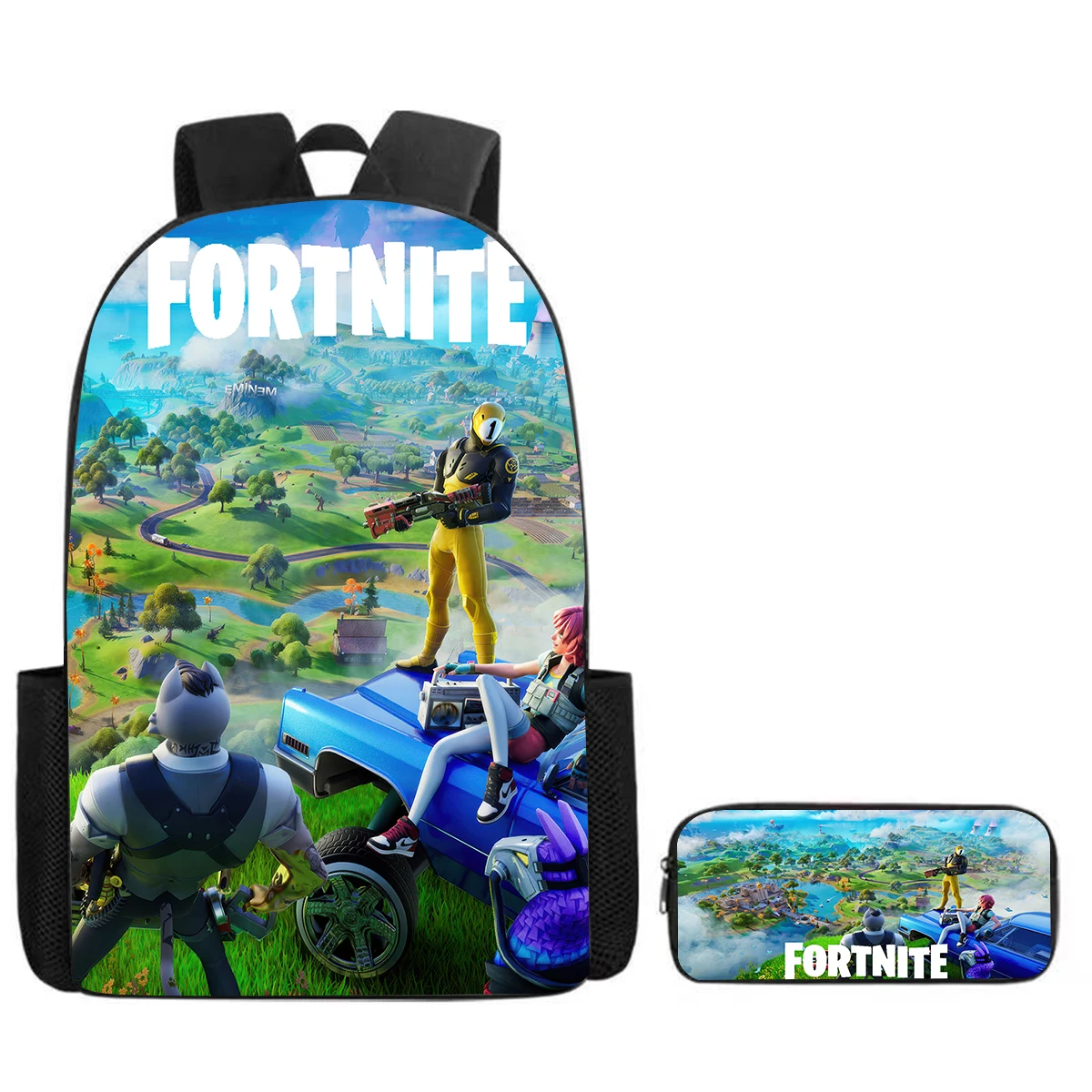 Fortnite Cartoon Backpack + Pencil Case 2 Piece Set for Boys Girls - Kids School Supplies Gift Back to School Ages 5-8 1
