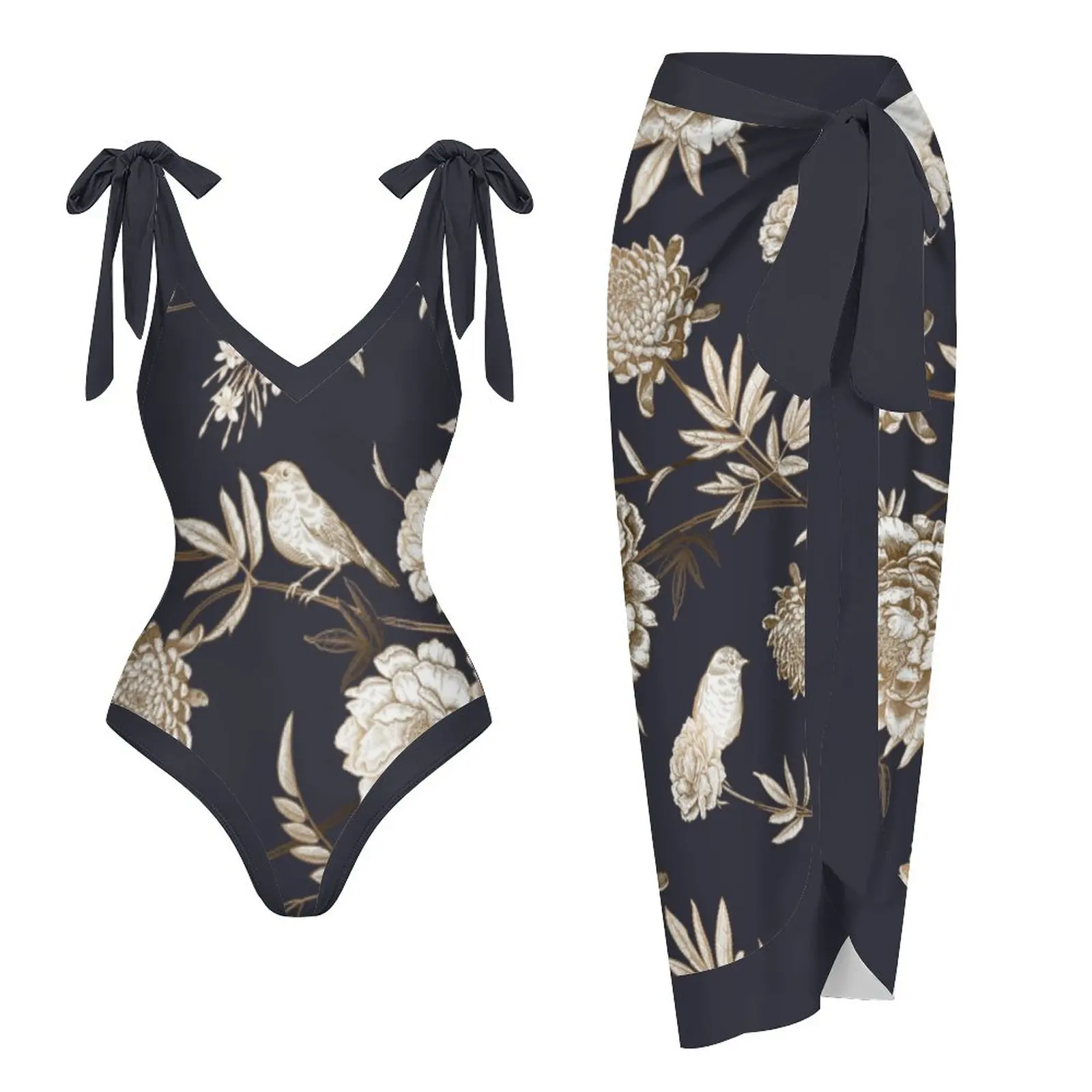 V Neck Women's Swimwear Printed Beachwear 1 Pieces Swimsuit and Cover Up Sports Bathing Suits Backless Sexy / New 2023