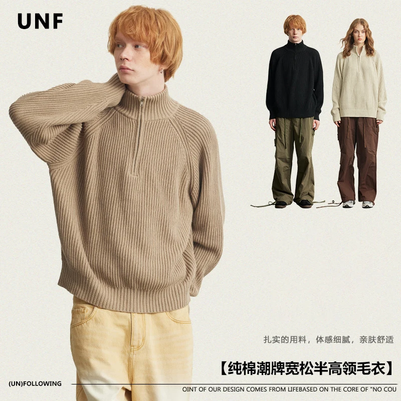 

Autumn and winter cotton half turtleneck zipper sweater solid color loose warm pullover sweater couple knit sweater