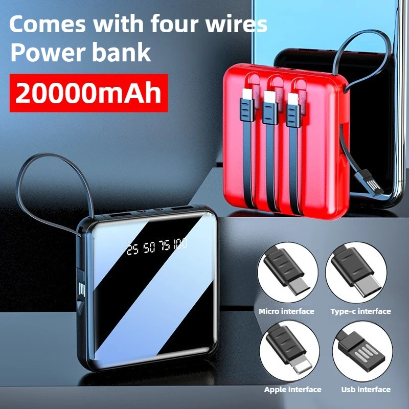 20000mAh 미니 전원 은행 미러 스크린 LED 디지털 디스플레이 Poverbank 외부 배터리 전원 은행 케이블 휴대용 충전기