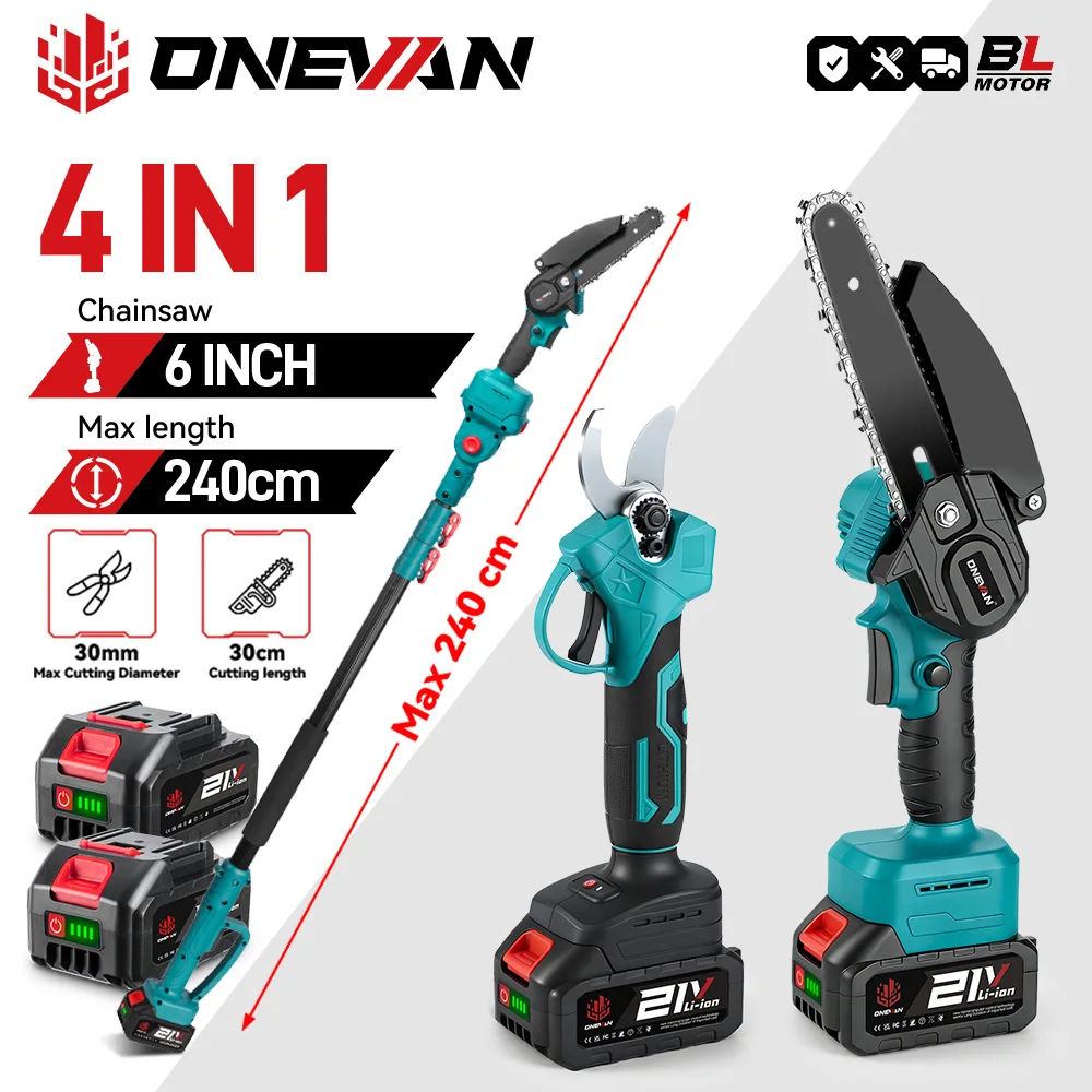 ONEVAN 3500W Brushless Telescoping Pole Electric Chainsaw 4 IN 1 High Branch Scissors Garden Pruning Tool For 21V 18V Battery