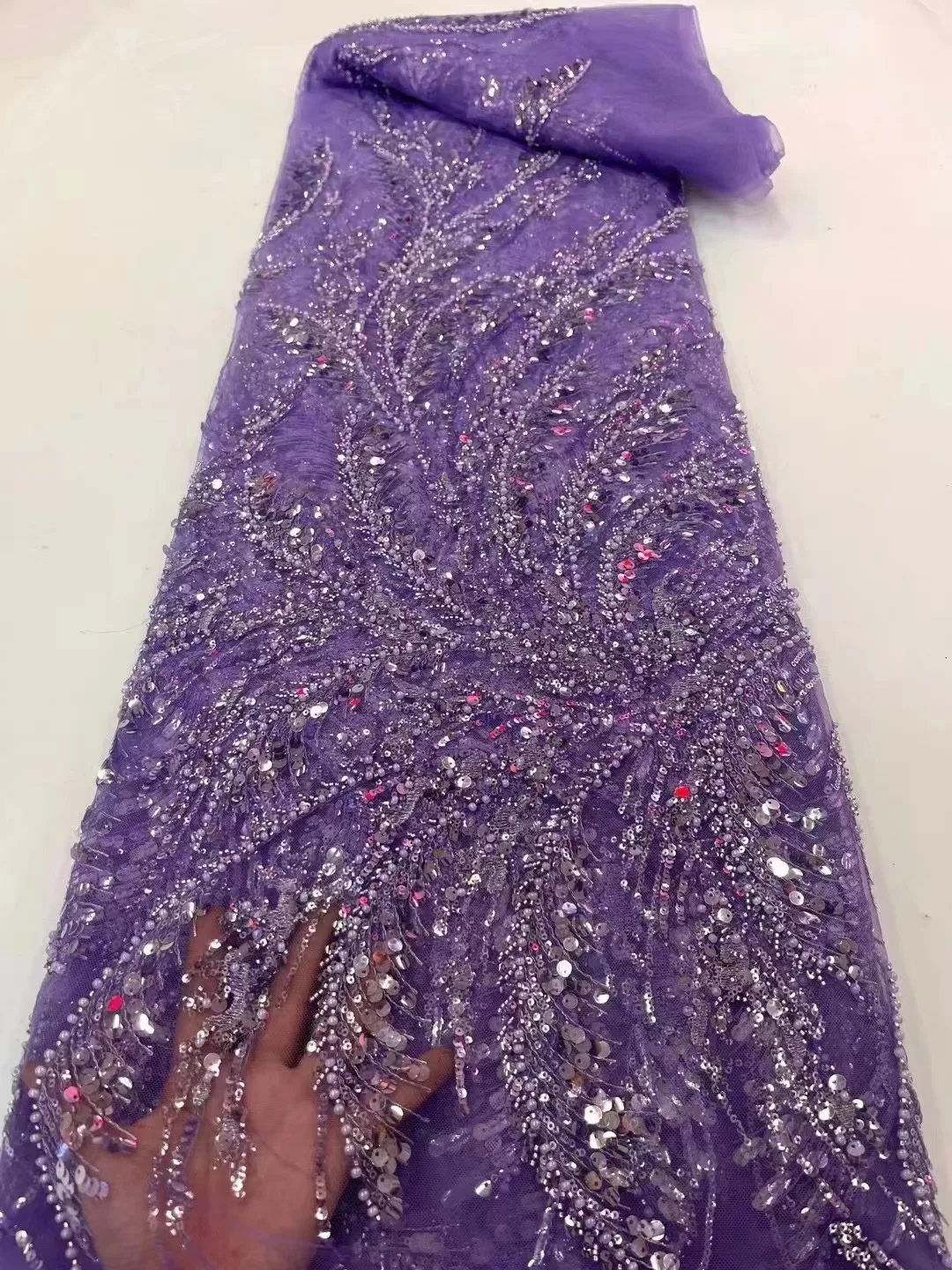 

5 Yards African Sequin French Tulle Fabric For Women Dress Sew 2023 High Quality Nigerian Bead Tube Embroidery Lace Fabric